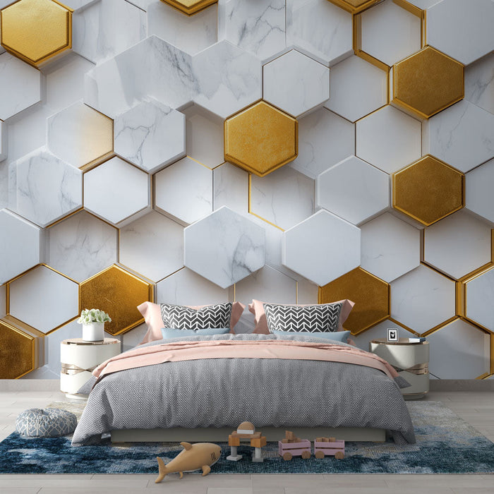 Ταπετσαρία τοίχου εξαγωνικό | Σχέδιο μαρμάρου και χρυσού
