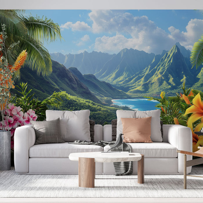 Tapet tropisk landskab | Frodig blomsterflugt