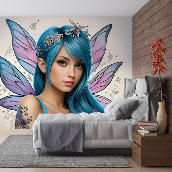 Carta da parati Fairy | Fairy con capelli blu e ali delicate