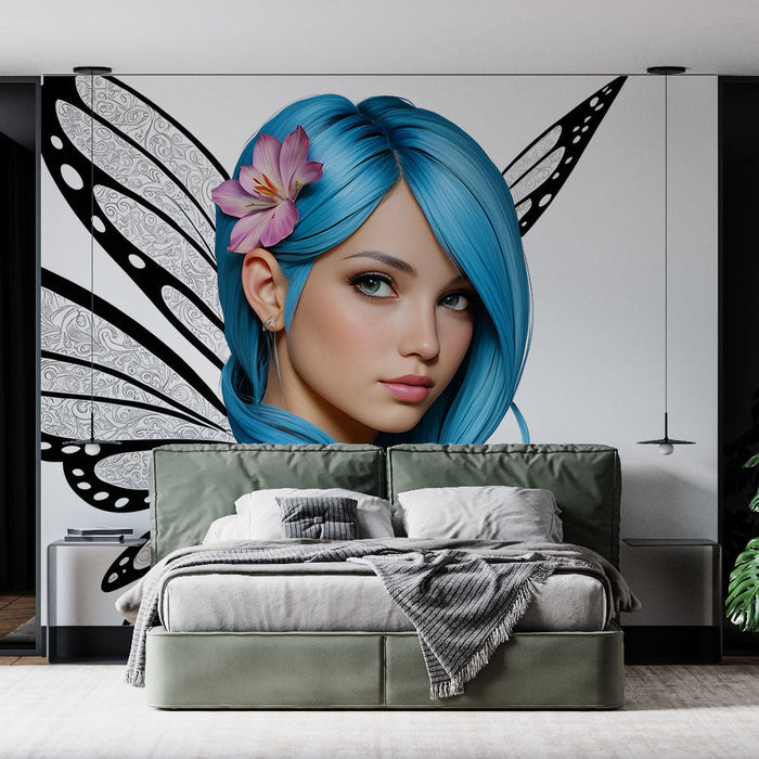 Mural Wallpaper blue fairy | Illustrated with flowers and butterflies