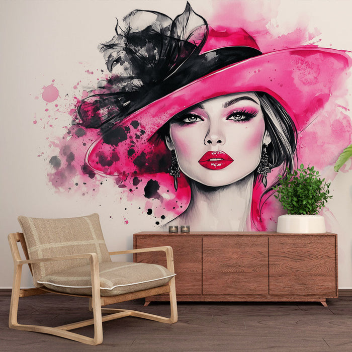 Tapet elegant kvinna | Konstnärlig illustration med rosa hatt