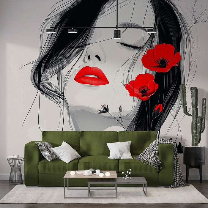 Fotótapé női arc | Elegancia és piros pipacsok