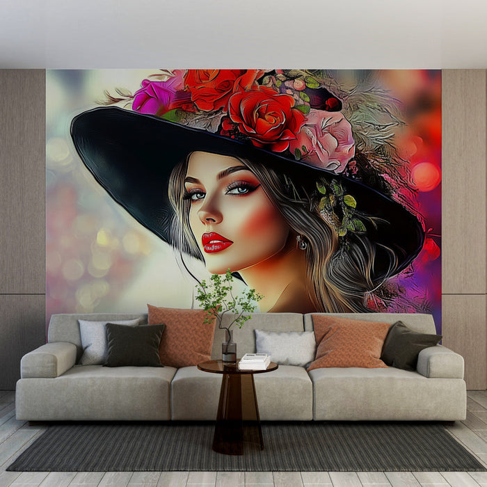 Mural Wallpaper glamour | Woman with a flowery hat