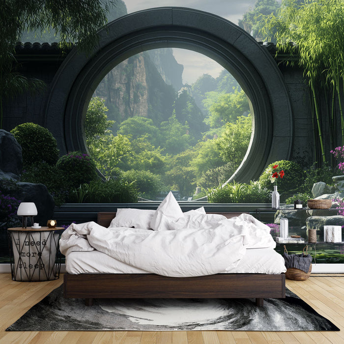 Ταπετσαρία τοπίου ζεν | Κυκλική πόρτα με καταπράσινο κήπο