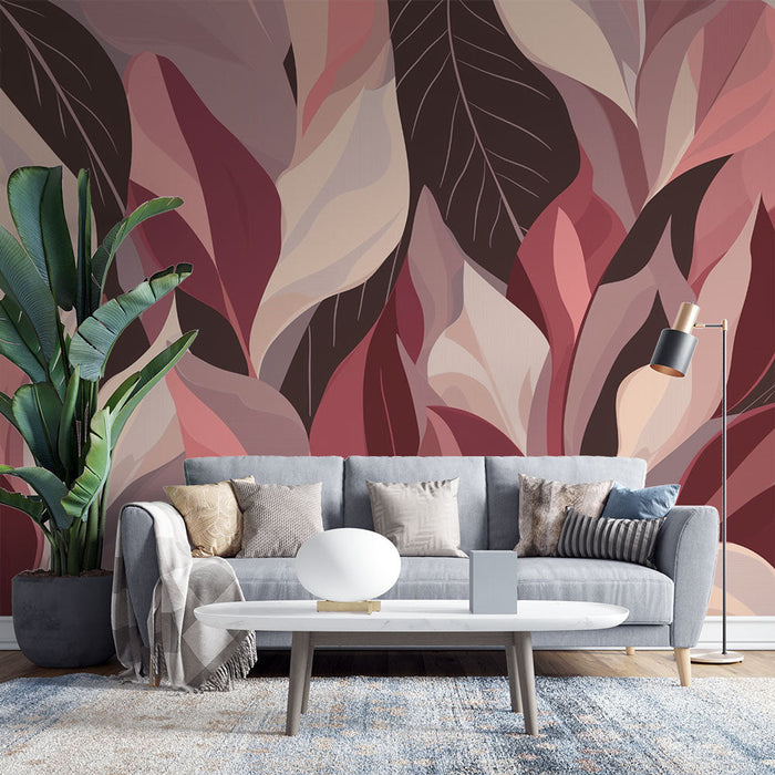 Nástěnná tapeta květinová | Listová kompozice růžová a béžová