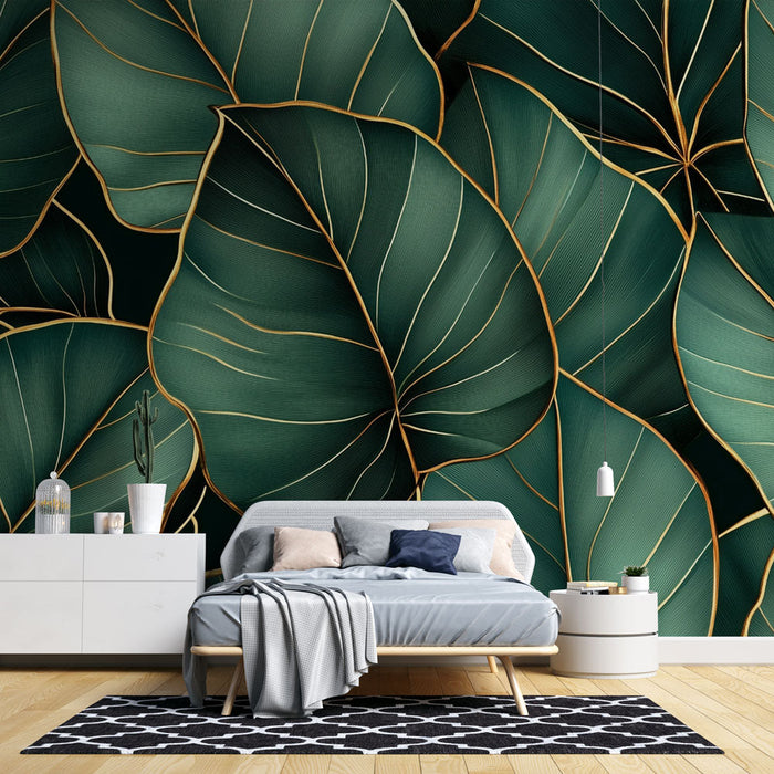Falfestmény tapéta egzotikus levelek | Smaragdzöld és arany