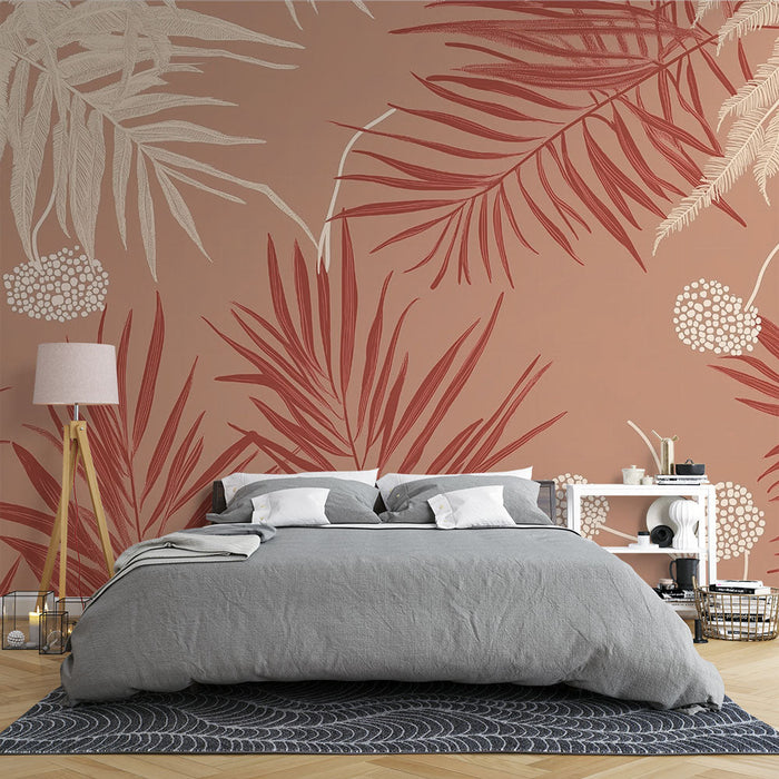 Foto Behang tropisch | Rood en beige bladerpatroon