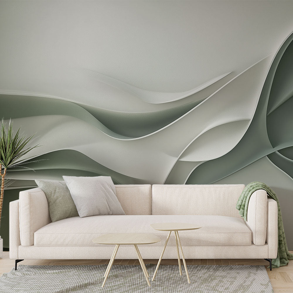 Mural Wallpaper Abstract | Fluid Waves in Green Gradient — WonderMural