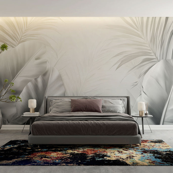 Falfestmény tapéta trópusi | Elegáns monokróm lomb