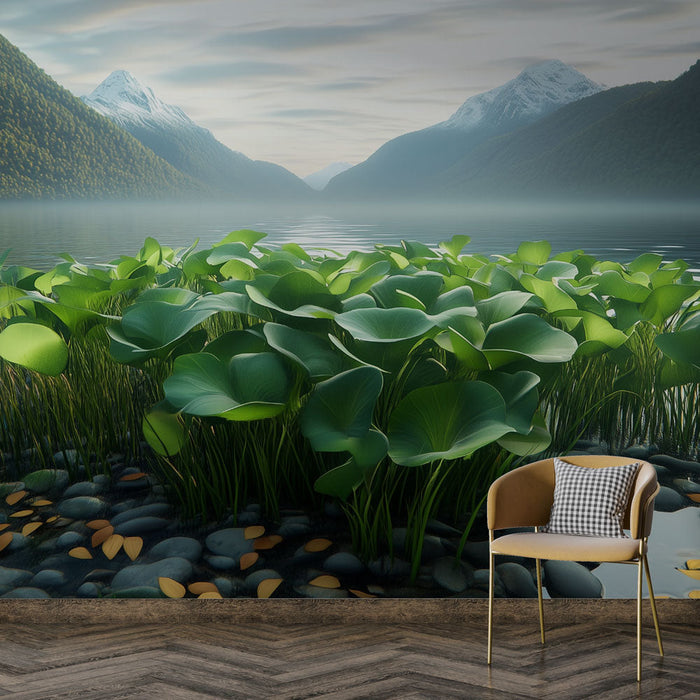 Tapete пейзажен лакустриен | Спокоен природен пейзаж със снежни планини и плодородно растителност