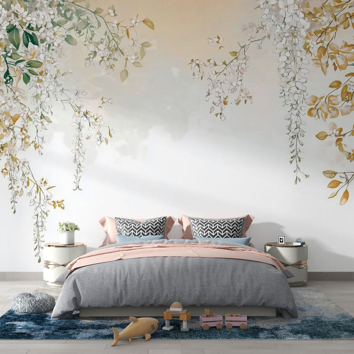 Tapeta cvjetni zid | Cvjetna elegancija u bijeloj i zlatnoj