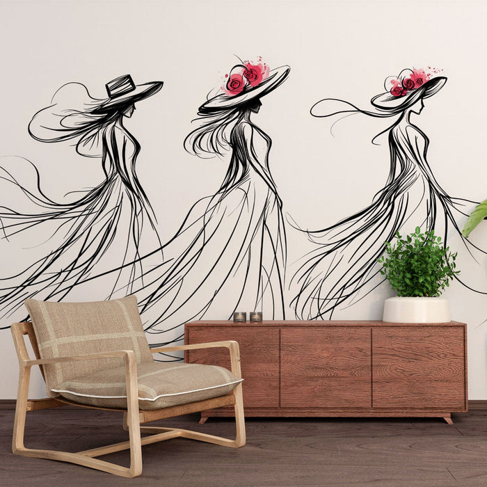 Fototapet zarif silüet | Şapka ve güllerle kadın