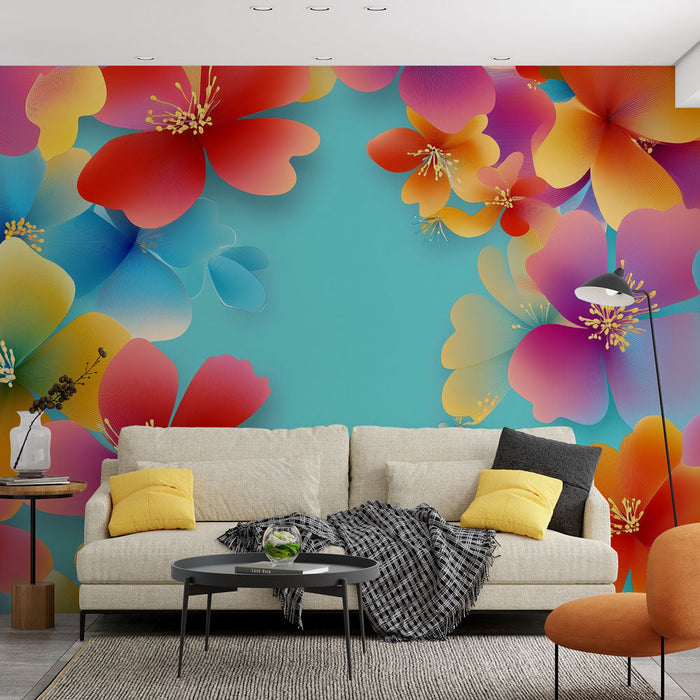 Λουλουδένιο Ταπετσαρία Τοίχου | Σύνθεση πολύχρωμων λουλουδιών σε τυρκουάζ φόντο