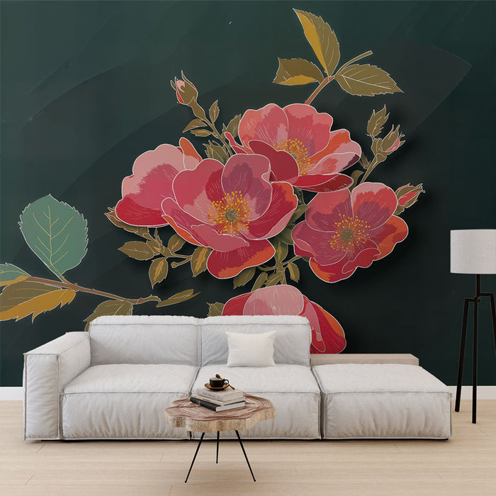 Fototapet çiçekli | Yeşil zemin üzerinde kırmızı güller