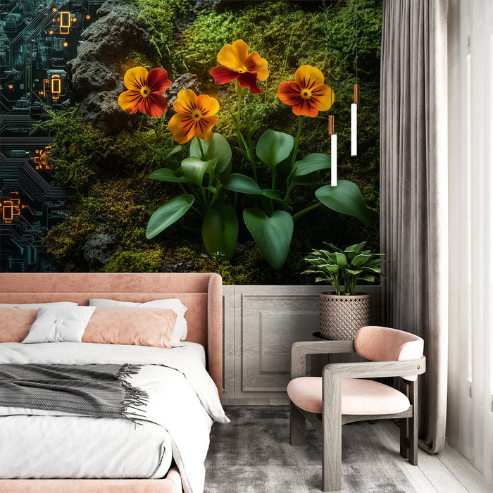 Mural Wallpaper Nature and Technology | Flowers and Printed Circuit