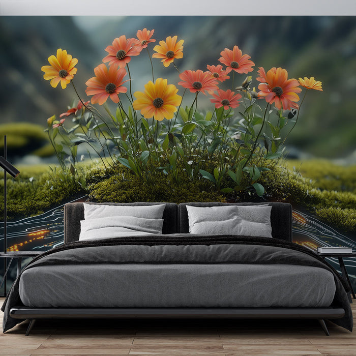 Tapeta s motivem technologie a přírody | Květinová a elektronická harmonie