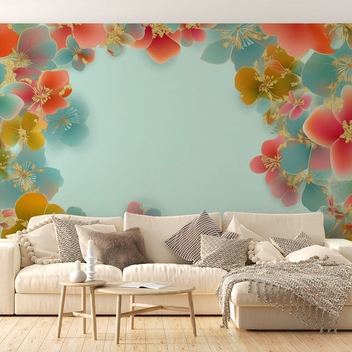 Tapetti kukkakuviolla | Pastellin värisiä ja kultaisia kukkia