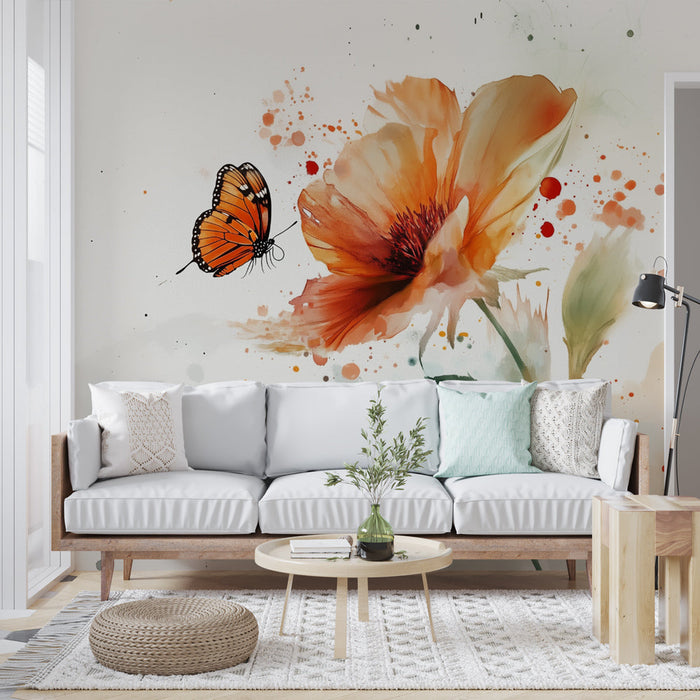 Tapetti perhonen vesiväri | Eläväinen kukka-aiheinen taide