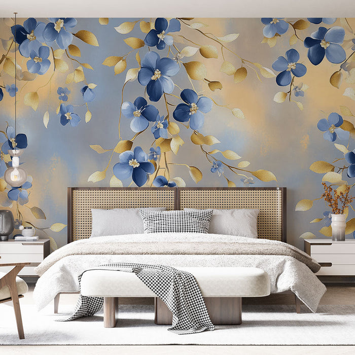 Çiçekli Duvar Kağıdı | Mavi ve Altın Zarafeti
