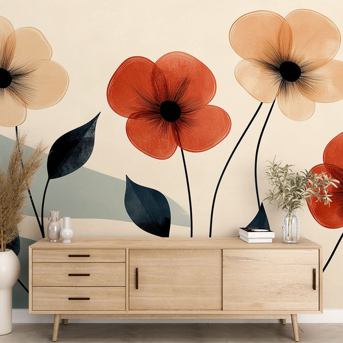 Papel de parede mural abstrato floral | Flores em tom quente