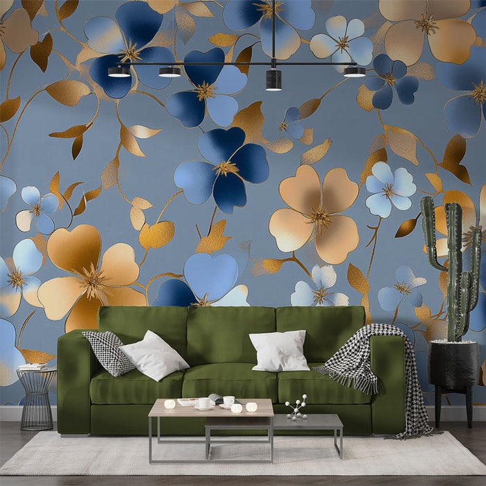 Ταπετσαρία τοιχογραφίας λουλουδιών | Μπλε και χρυσά λουλούδια