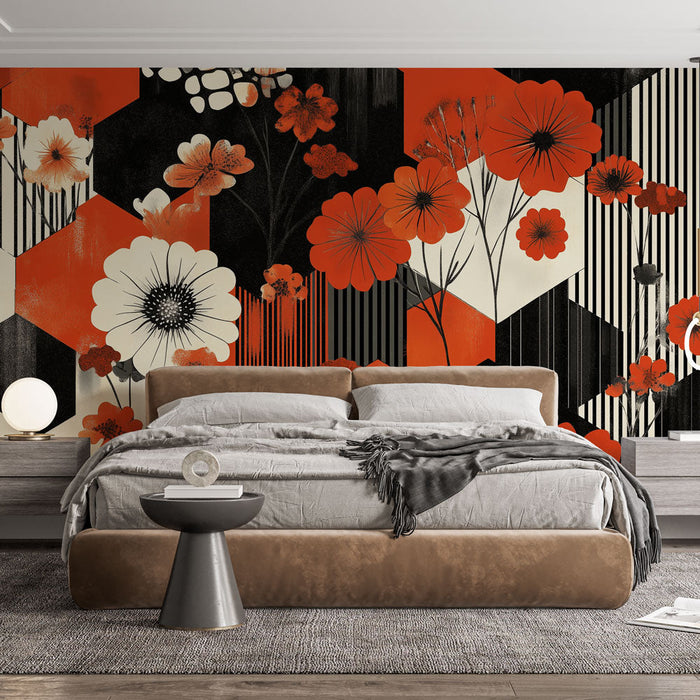 Fototapet geometrik çiçekli | Kırmızı ve Siyah