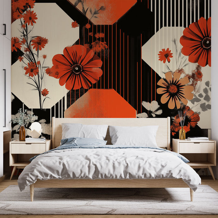 Геометрични флорални тапети | Червен, черен и бял модел