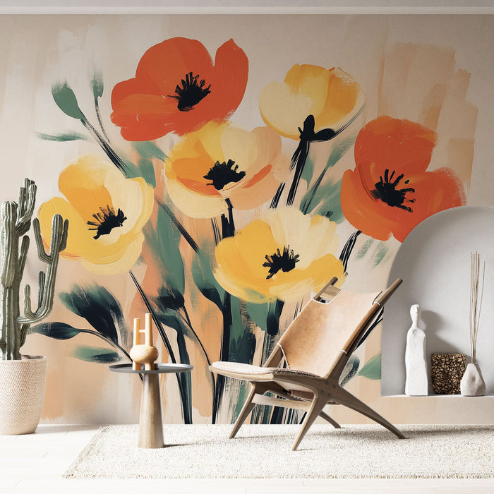 Falfestmény tapéta virágos | Festett pipacs csokor