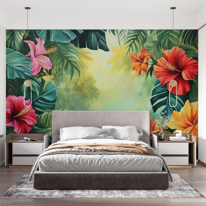 Falfestmény tapéta trópusi | Élénk hibiszkusz virágok