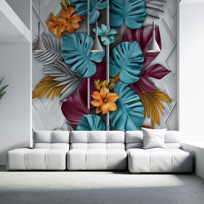 Ταπετσαρία τοίχου τροπικά λουλούδια | Έκρηξη φωτεινών χρωμάτων