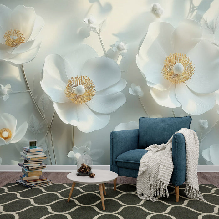 Papel de parede floral | Flores brancas em relevo