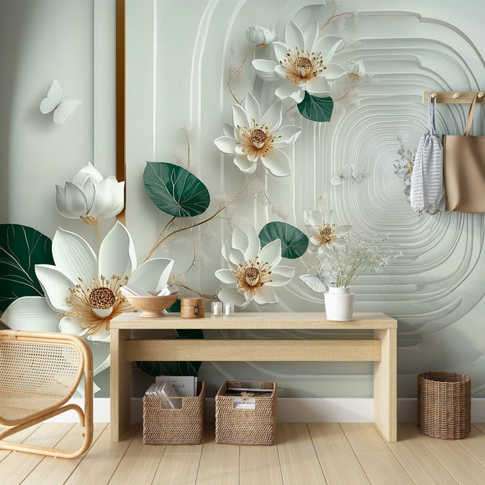 Tapeta Mural cvjetni u 3D | Cvjetna elegancija s leptirima