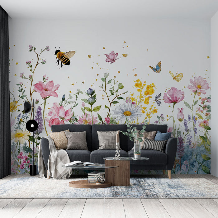 Tapeta z motywem kwiatowym wodnym | Krajowy wzór z owadami