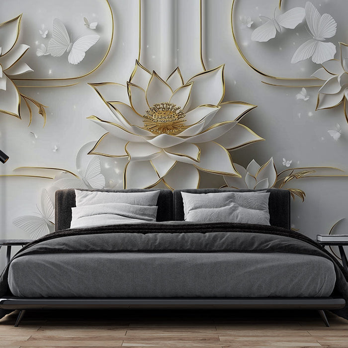 Květinový tapetový obraz | Bílá a zlatá eleganc.