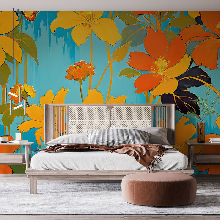 Tapeta z rožicami | Svetle cvetje na modrem ozadju