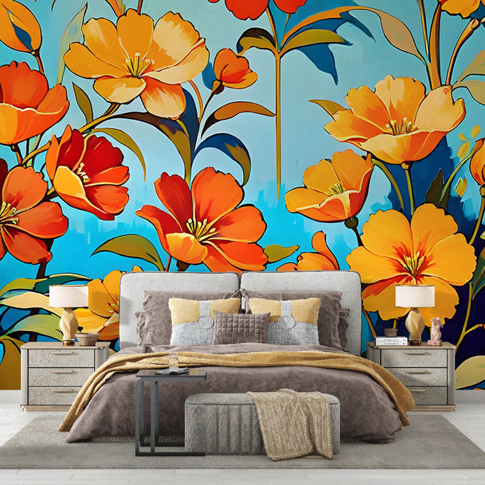 Tapeta s květinovým motivem | Jasně kvetoucí květiny na tyrkysovém pozadí