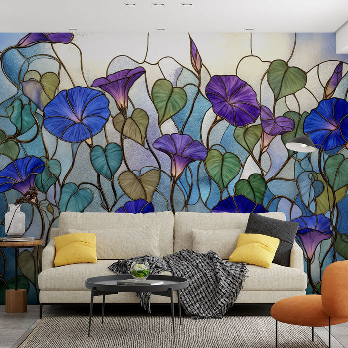 Carta da parati murale vetrata floreale | Motivo di convolvolo blu