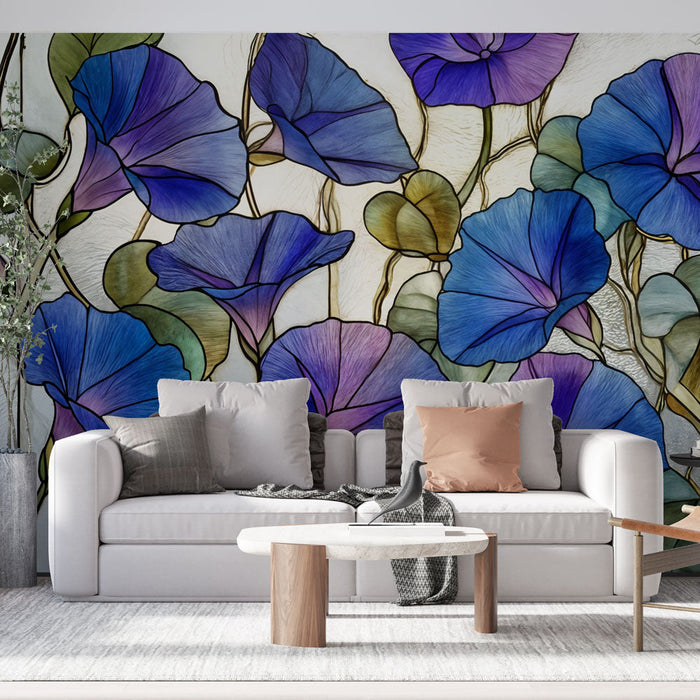 Tapeta s motivem vitráže | Modrý plevelný květový vzor