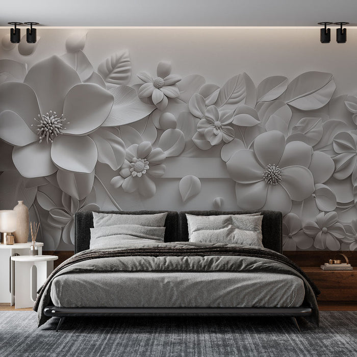 Papel de parede em mural 3D | Flores em relevo em fundo branco