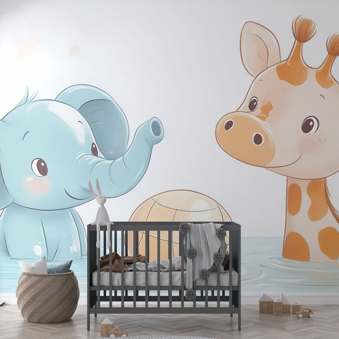 Tapeta s motivem zvířat | Malý hravý slon a žirafa