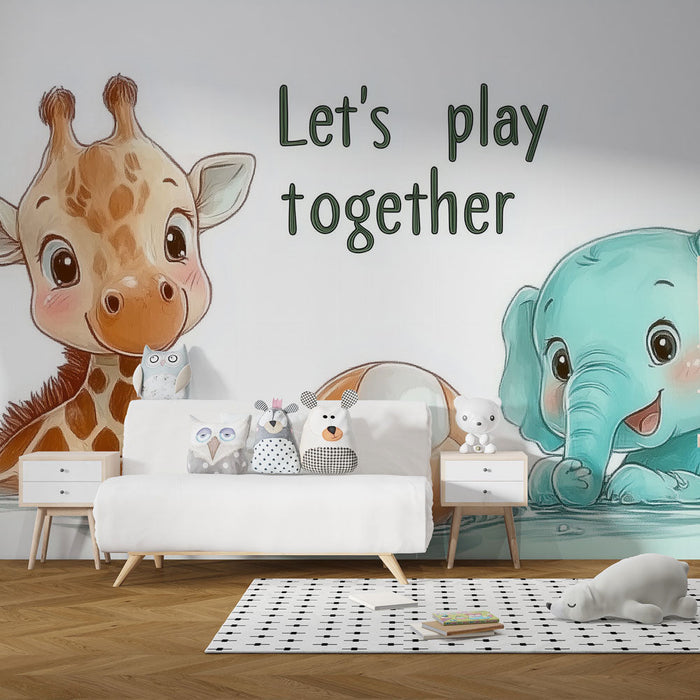 Carta da parati per bambini | Amici giraffa ed elefante
