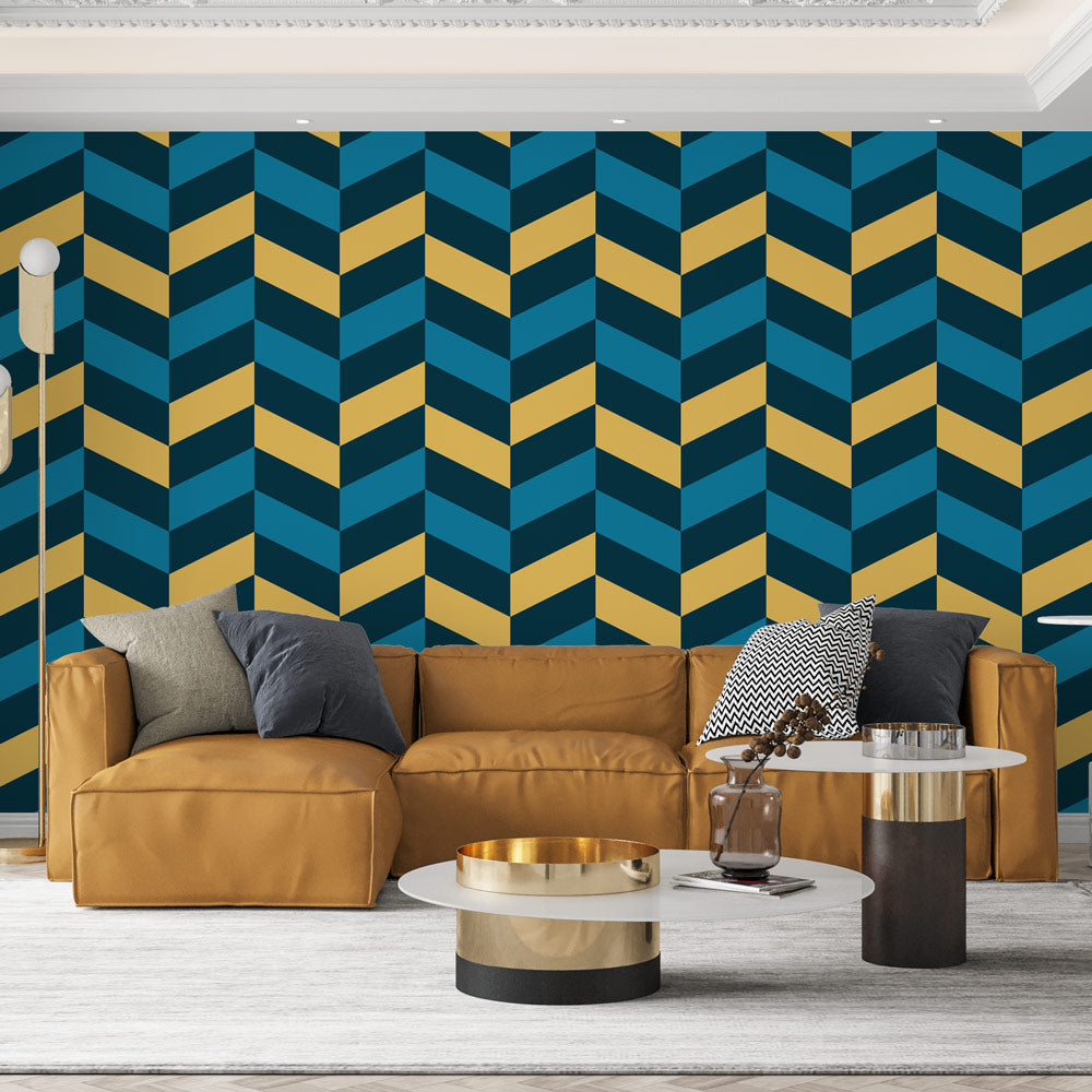 Carta da parati geometrica | Motivo chevron blu e giallo — WonderMural, image size:1000x1000