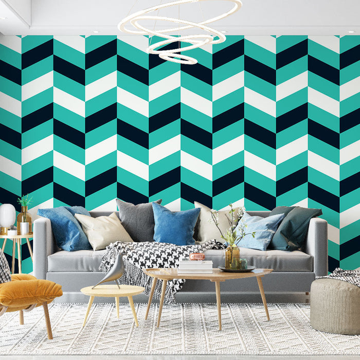 Mural Tapet chevrons | Blue and white geometric pattern