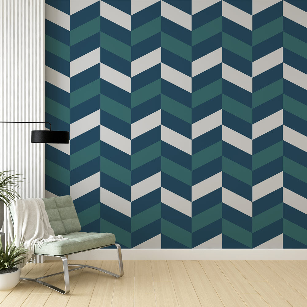Carta da parati a chevron | Motivo geometrico blu e bianco — WonderMural, image size:1000x1000