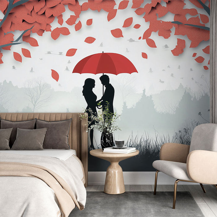 Mural Wallpaper romantic | Silhouette under red umbrella