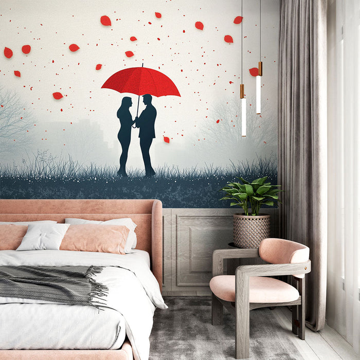 Seinapilt romantika | Siluett punase vihmavarju all