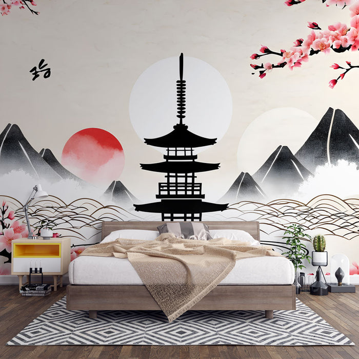 Tapet Japanese | Pagoda og Kirsebærblomst Mønstre