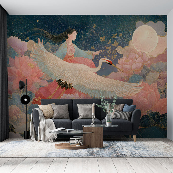 Asian Mural Wallpaper | Crane and Lotus in the Moonlight