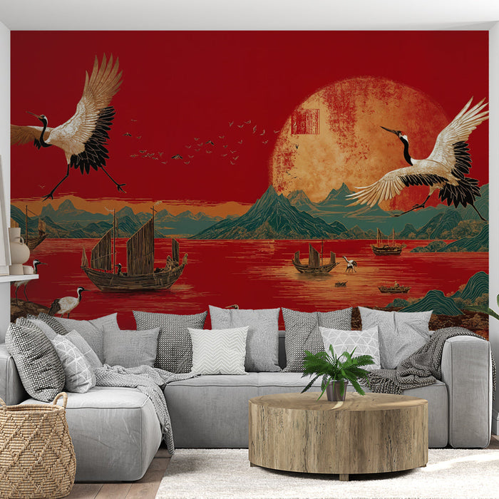 Fototapet Vinçler ve Asya Manzarası | Kırmızı ve Altın