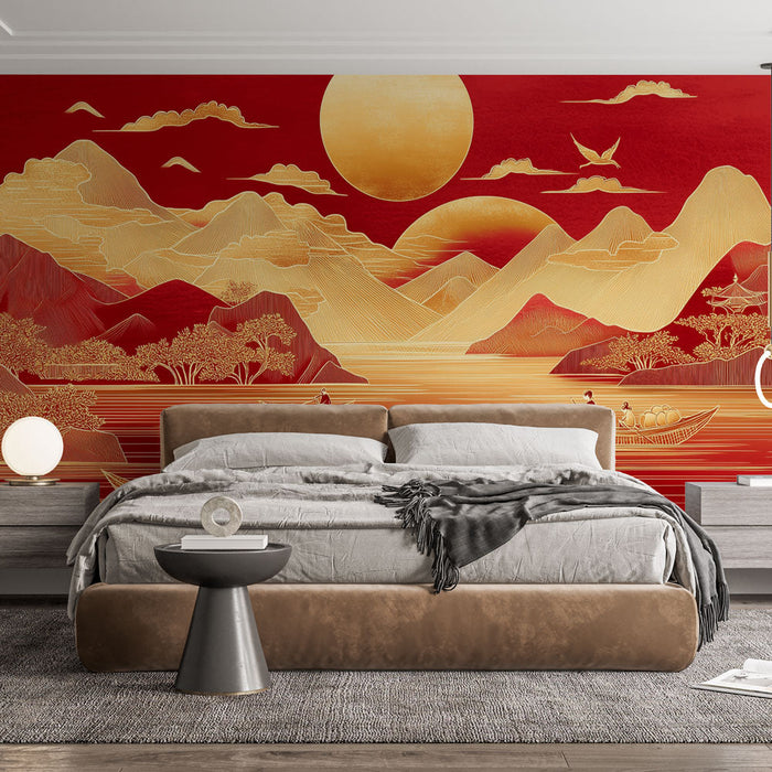 Tapeta asijská krajina | Zlaté prvky a červené pozadí
